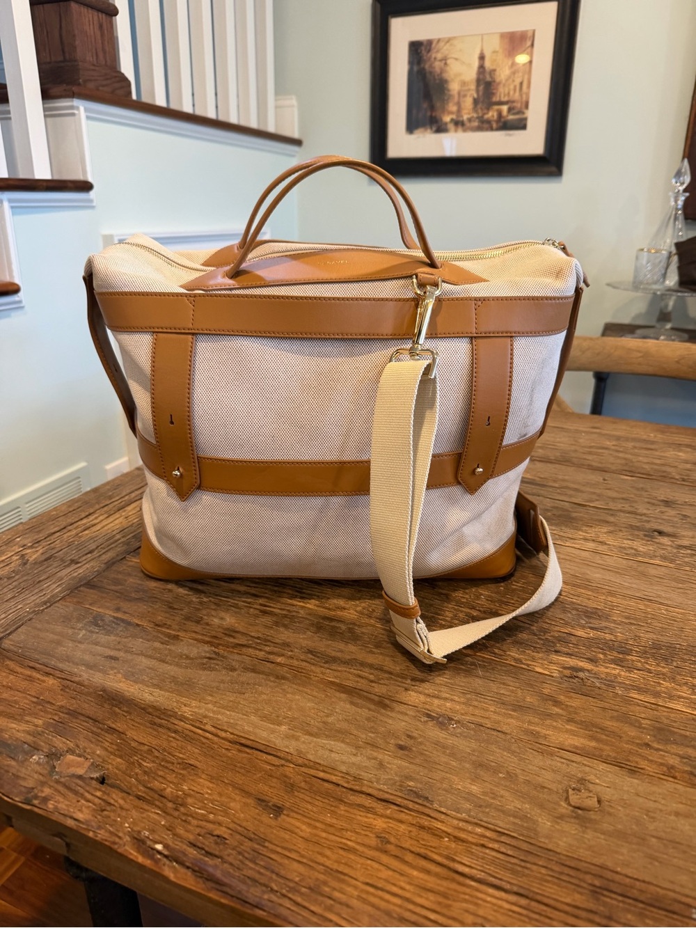 Cream Canvas & Tan Leather Weekender Bag with Removable Strap